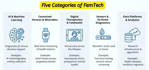 Infographic titled “Five Categories of FemTech,” listing AI and machine learning, connected devices and wearables, digital therapeutics and telehealth, sensors and at-home diagnostics, and data platforms and analytics, with examples including mammography, smart breast pumps, menopause clinics, hormone testing, and health datasets.