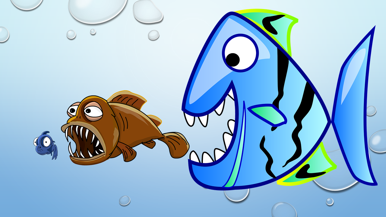 Mergers and acquisitions illustrated by a small fish being eaten by a larger fish.