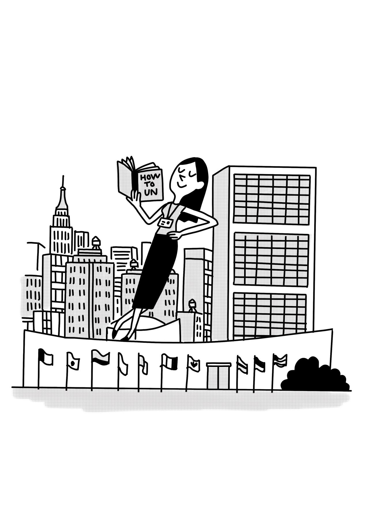 Cartoon of a woman leaning on a building, holding a book titled "How to UN." Image: Mathieu de Muizon 