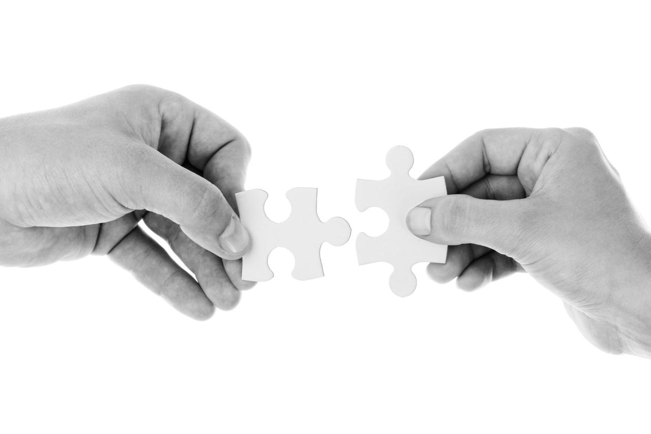 Black and white photos of two hands holding puzzle pieces next to each other.