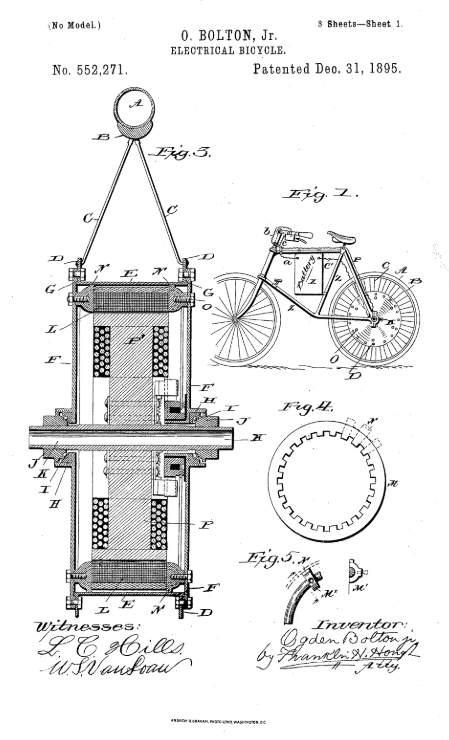 Patent of an electric bicycle. Ogden Bolton Jr., Patent No. US552271, 1895