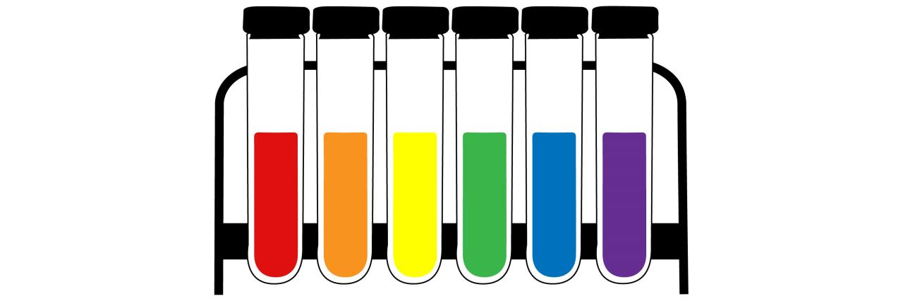 A cartoon of test tubes, each one filled with a color of the rainbow to represent the LGBTQ community in STEM.