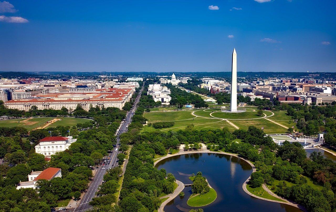 Aerial shot of Washington, DC and the Washington Monument. 