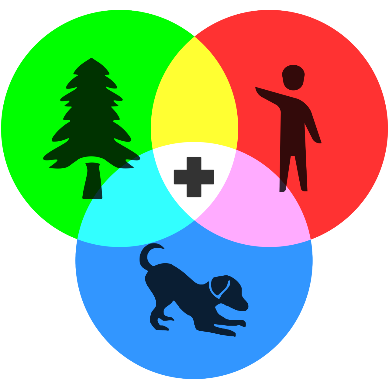 Venn diagram with icons of a human, a tree, and a dog.