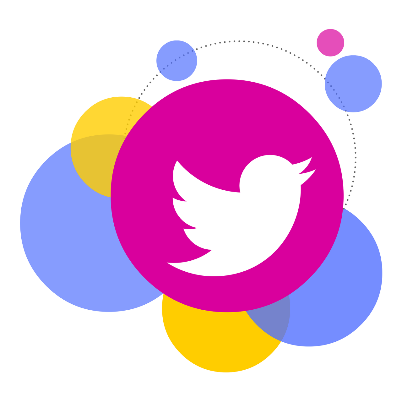 Periwinkle, yellow, and magenta bubbles with a white Twitter logo in the middle.