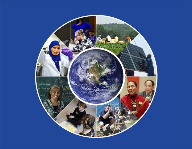 Photo collage of a photo of Earth, scientists, and other Action for Climate Empowerment activities in the field.