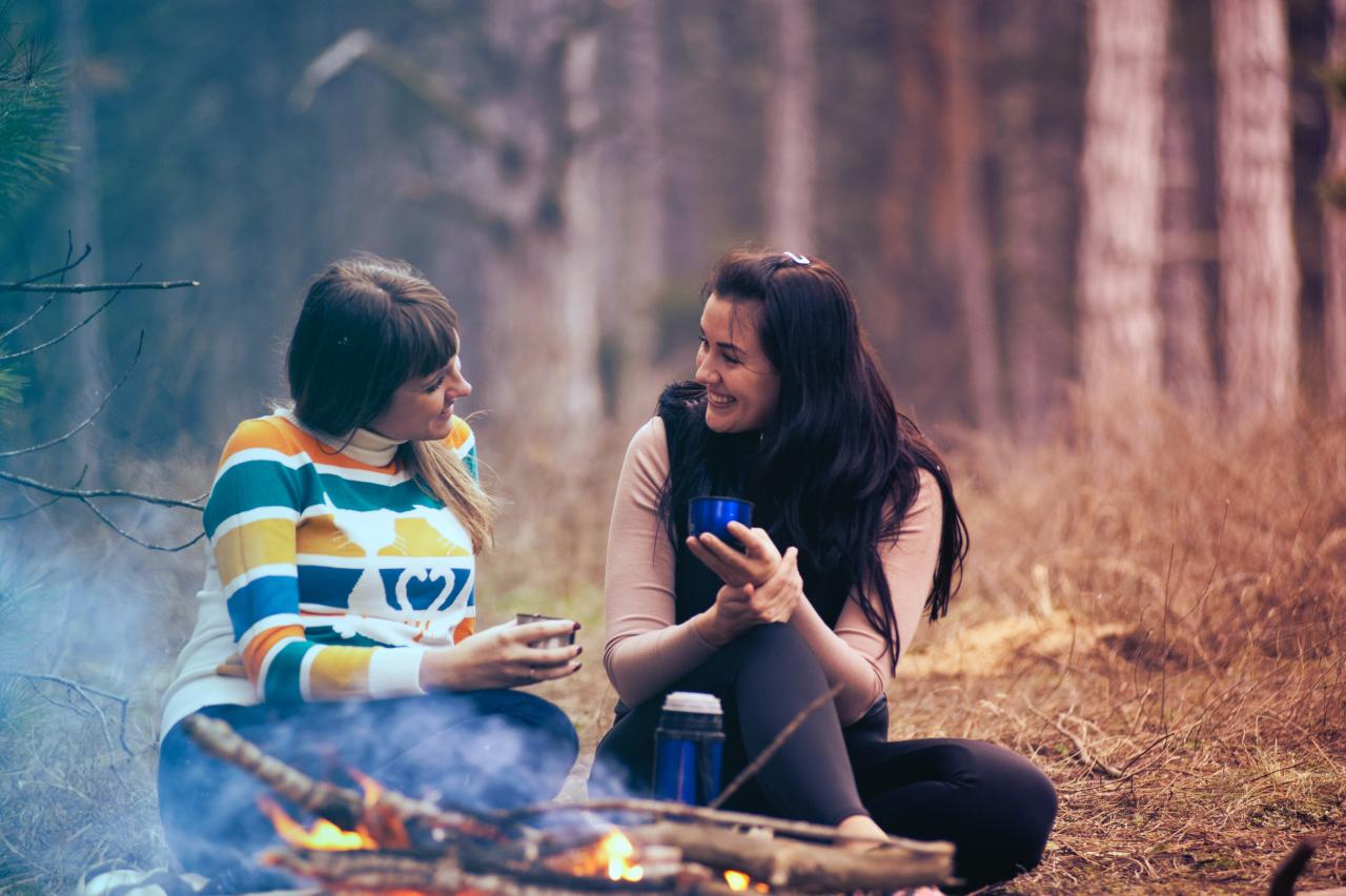 Two girls sitting in front of a bonfire in a forest, by Oleksandr Pidvalnyi, Pexels