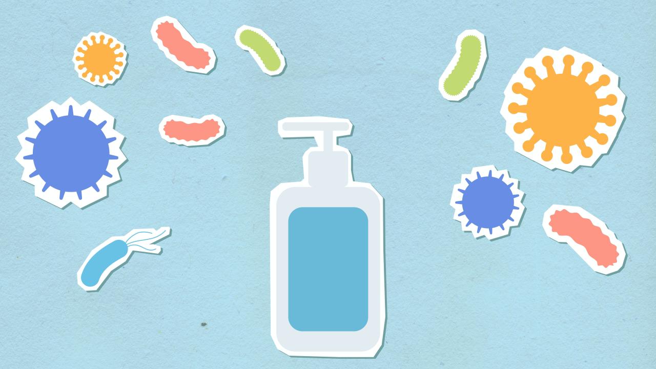 Paper cutout of antiseptic and viruses.