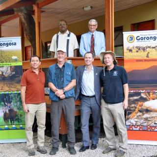 Federico Prado (far left) at Mozambique’s Gorongosa National Park with famed naturalist and biologist E.O. Wilson. 