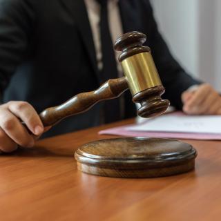 Person holding gavel over a table.