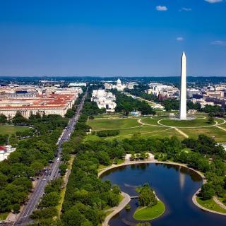 Aerial shot of Washington, DC and the Washington Monument. 