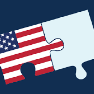 USA Jobs logo of two puzzle pieces fitting together. The piece on the left has the pattern of the American flag and the piece on the right is blank.