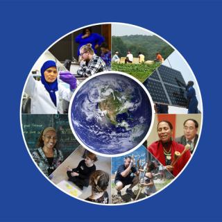 Photo collage of a photo of Earth, scientists, and other Action for Climate Empowerment activities in the field.
